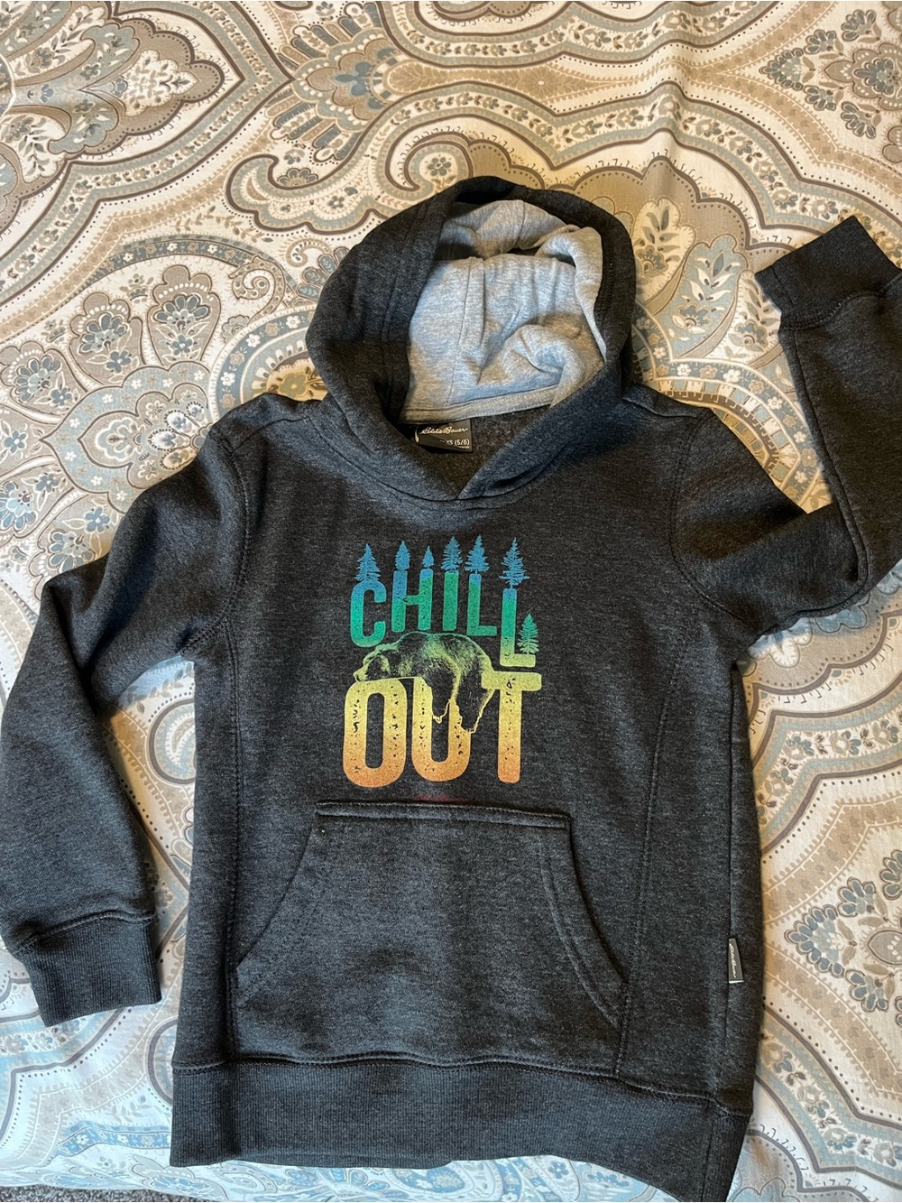 Eddie Bauer Dark Gray Hooded Sweatshirt with Multicolor "CHILL OUT" Graphic